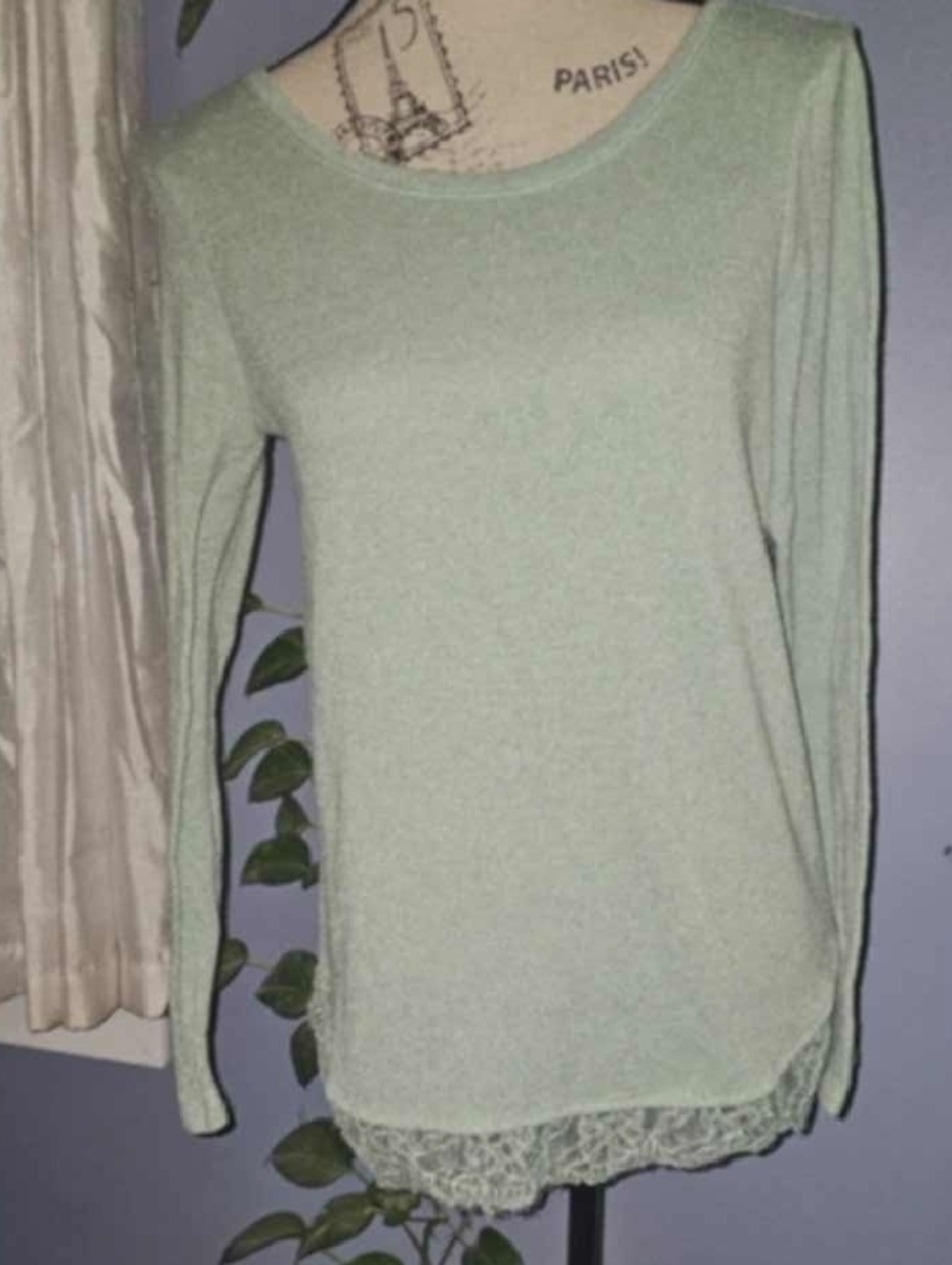 Light Mint Long-Sleeve Lace-Hem Women's Top - Picture 1 of 7